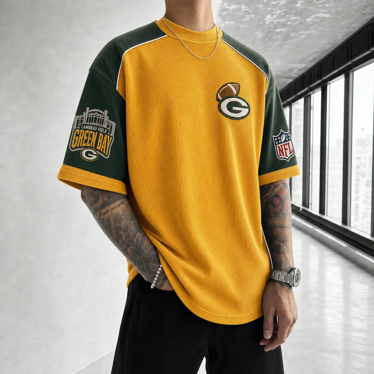 Unisex Loose-Fit Vertical-Stripe Short-Sleeve T-Shirt With Rugby Print