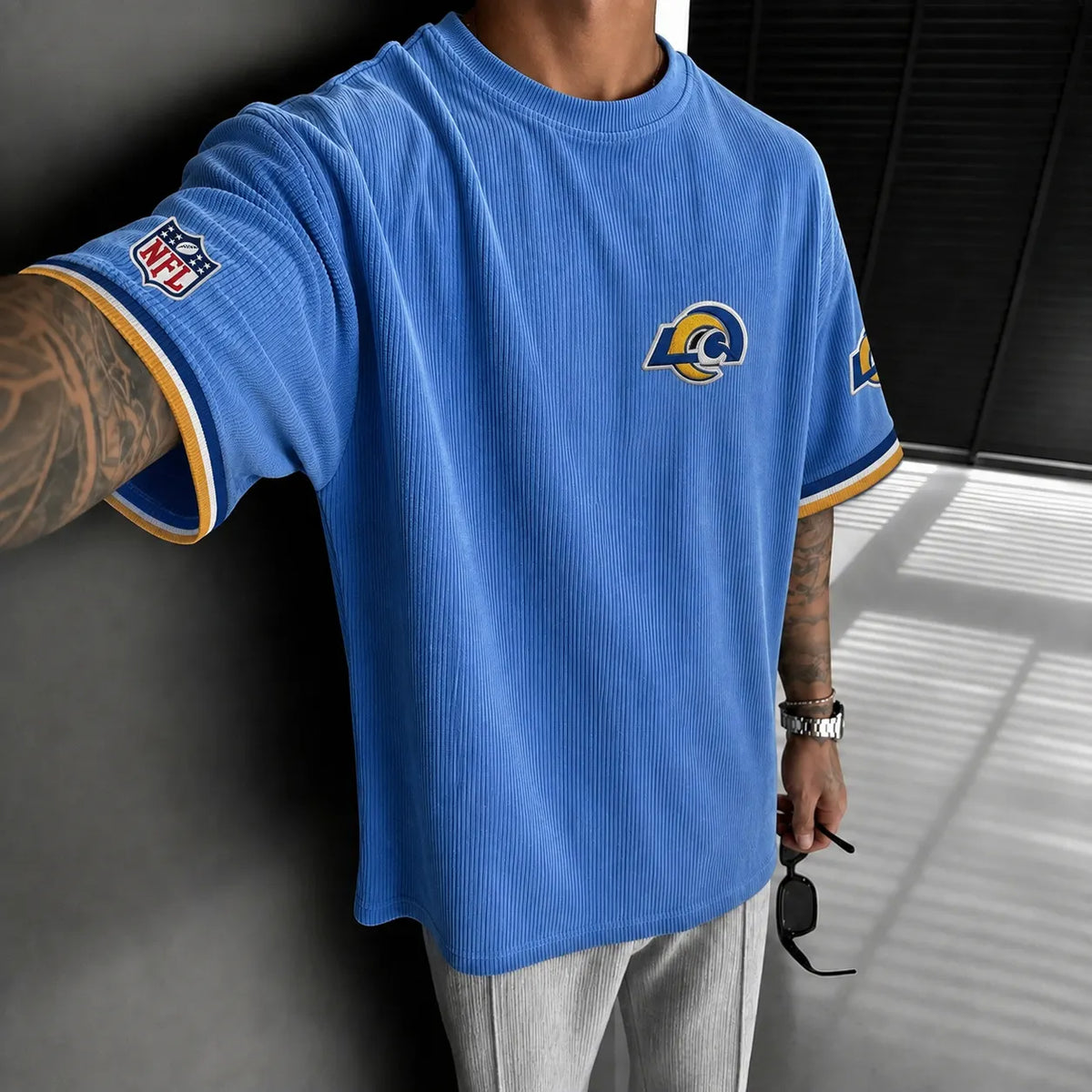 Unisex Loose-Fit Vertical-Stripe Short-Sleeve T-Shirt With Rugby Print