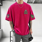 Unisex Loose-Fit Vertical-Stripe Short-Sleeve T-Shirt With Rugby Print