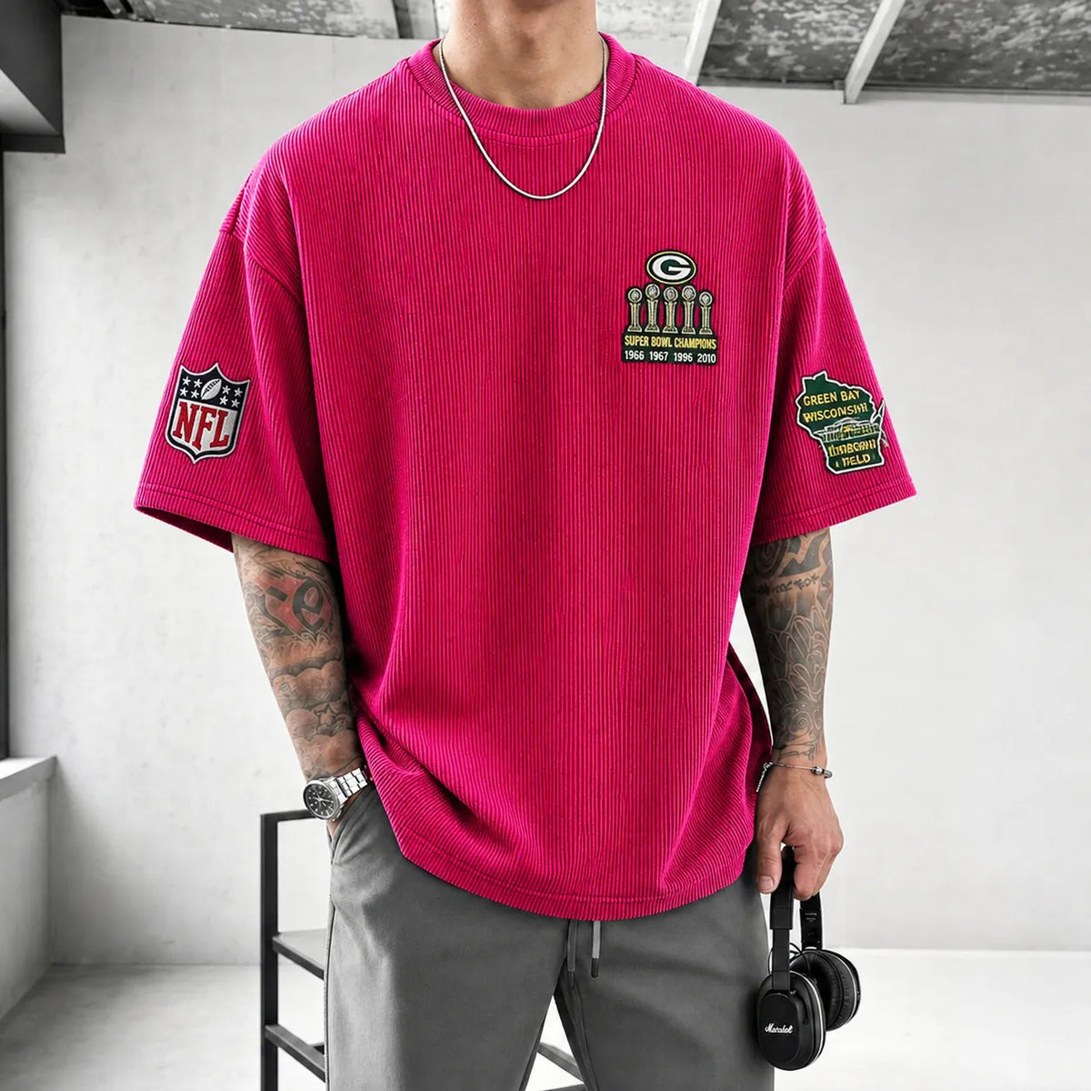 Unisex Loose-Fit Vertical-Stripe Short-Sleeve T-Shirt With Rugby Print