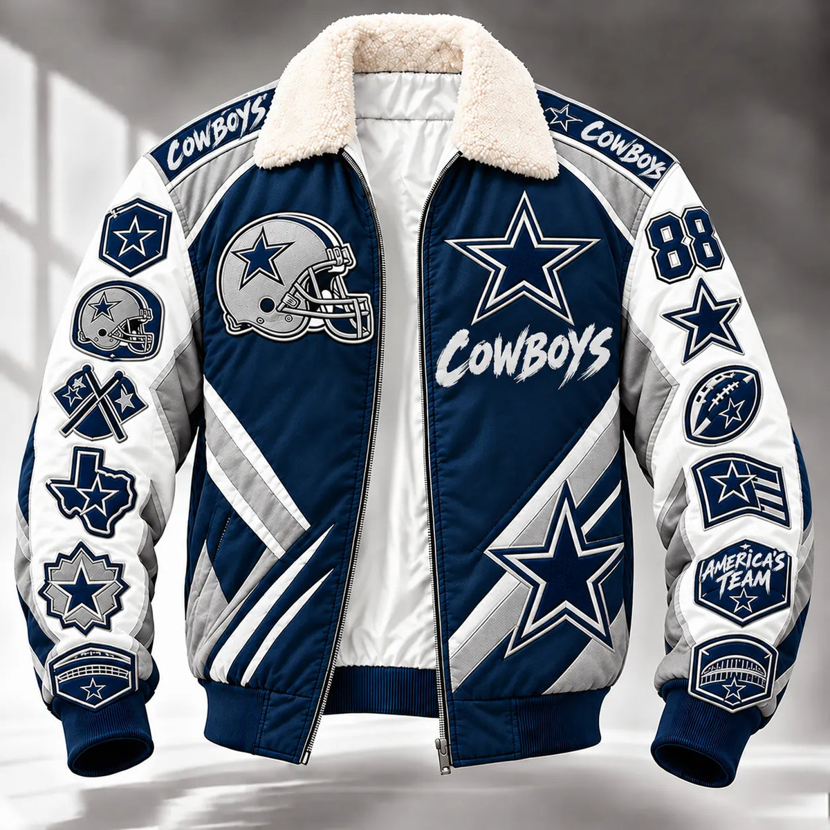 Men's Navy And White Star Graphic Zip-Up Jacket With Fleece Collar