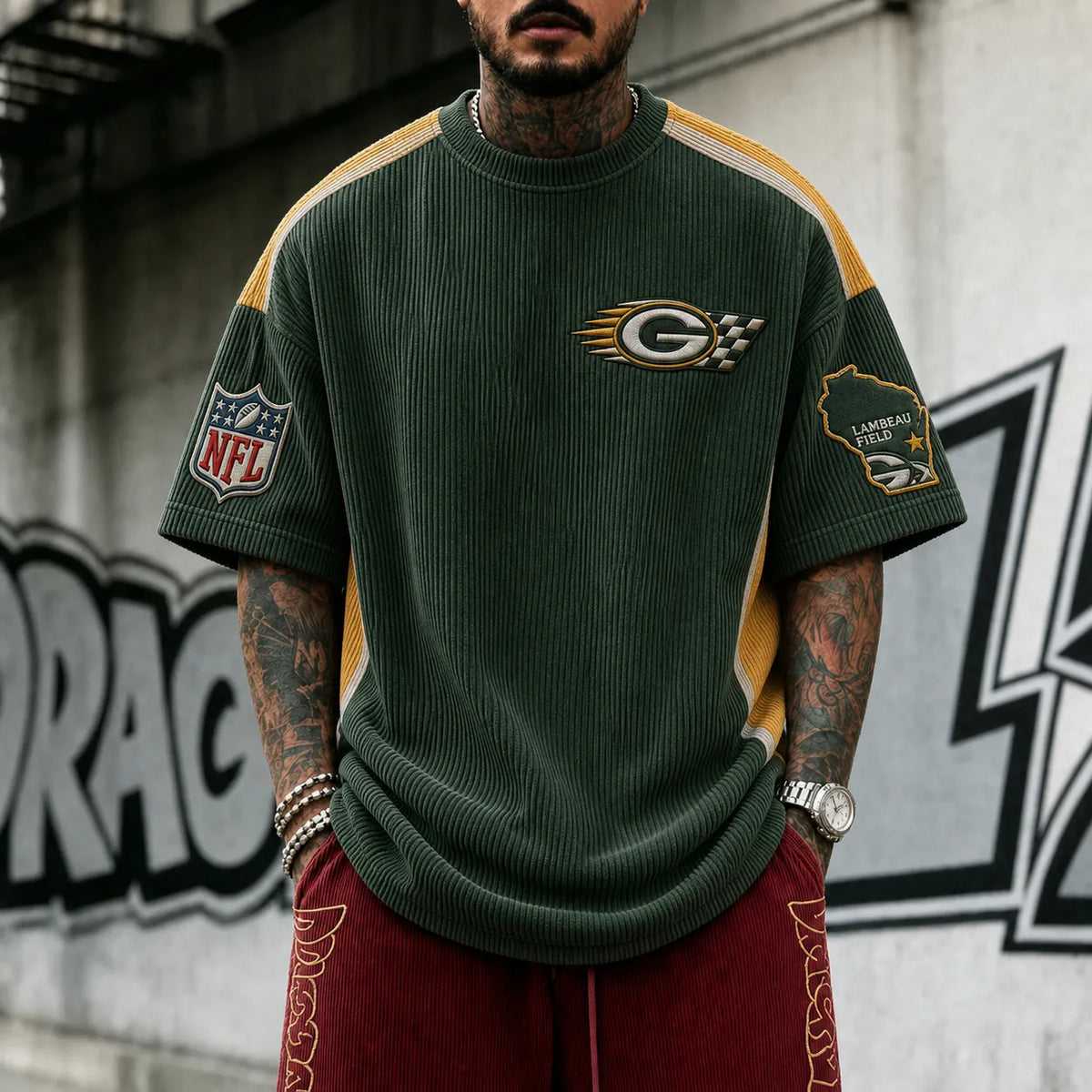 Unisex Loose-Fit Vertical-Stripe Short-Sleeve T-Shirt With Rugby Print