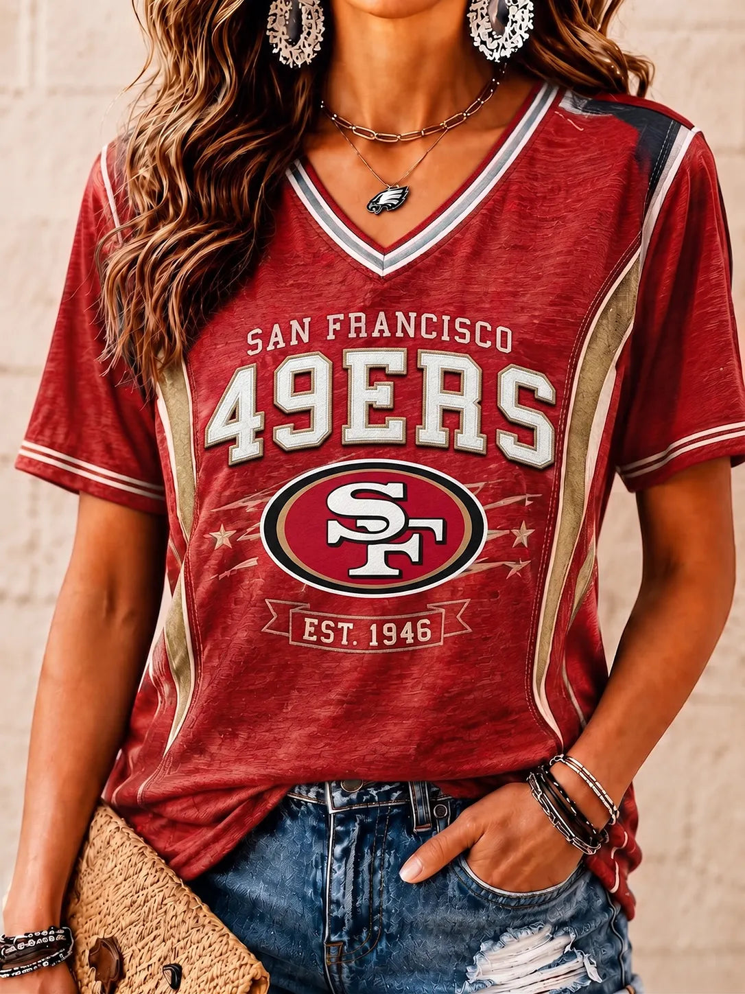 Women's Casual V-Neck Sporty Graphic Tee