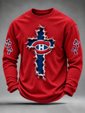 Men's Red Crewneck Sweatshirt With Frayed Cross Patches