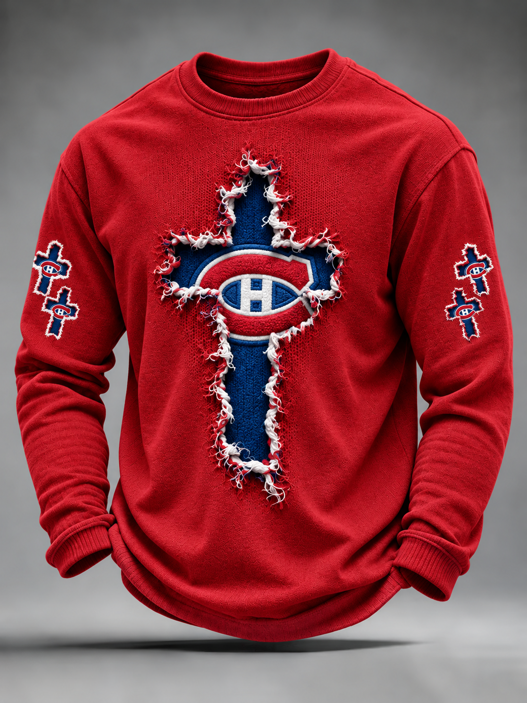 Men's Red Crewneck Sweatshirt With Frayed Cross Patches