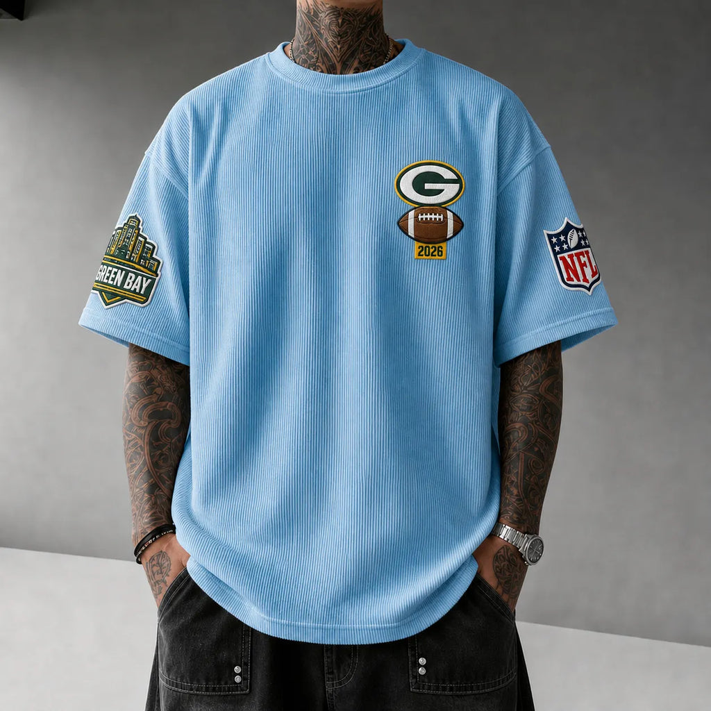 Unisex Loose-Fit Vertical-Stripe Short-Sleeve T-Shirt With Rugby Print