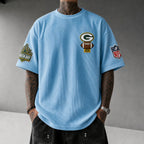 Unisex Loose-Fit Vertical-Stripe Short-Sleeve T-Shirt With Rugby Print