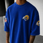 Unisex Loose-Fit Vertical-Stripe Short-Sleeve T-Shirt With Rugby Print