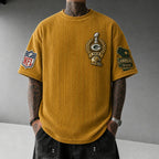 Unisex Loose-Fit Vertical-Stripe Short-Sleeve T-Shirt With Rugby Print