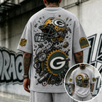 Unisex Loose-Fit Vertical-Stripe Short-Sleeve T-Shirt With Rugby Print
