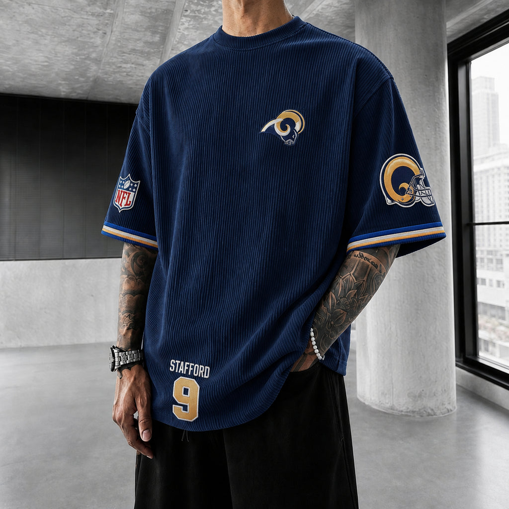 Unisex Loose-Fit Vertical-Stripe Short-Sleeve T-Shirt With Rugby Print