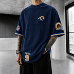 Unisex Loose-Fit Vertical-Stripe Short-Sleeve T-Shirt With Rugby Print