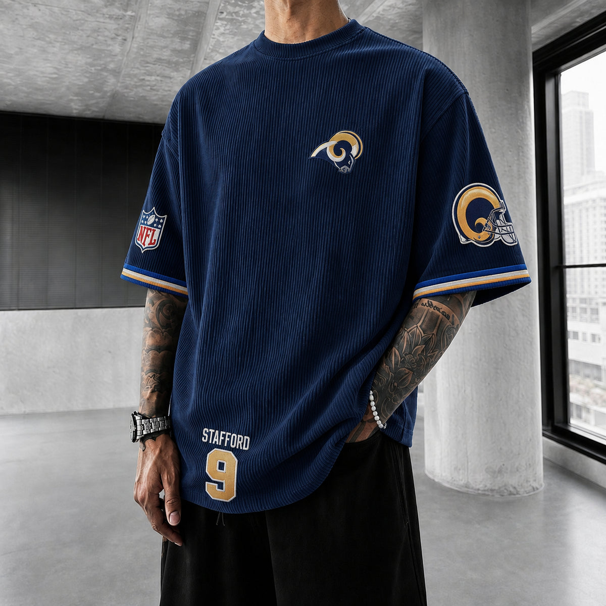 Unisex Loose-Fit Vertical-Stripe Short-Sleeve T-Shirt With Rugby Print