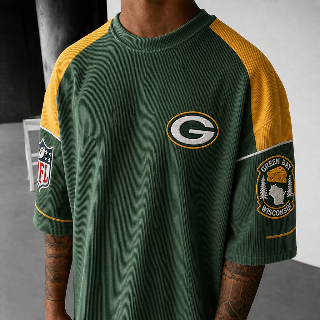 Unisex Loose-Fit Vertical-Stripe Short-Sleeve T-Shirt With Rugby Print