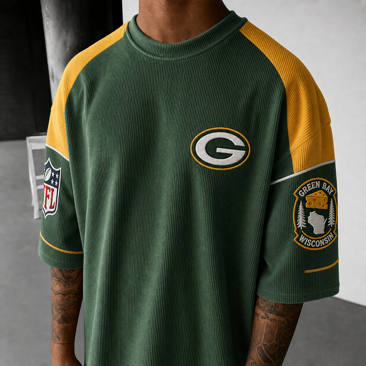 Unisex Loose-Fit Vertical-Stripe Short-Sleeve T-Shirt With Rugby Print
