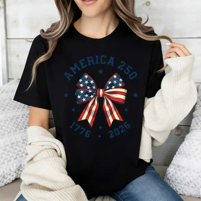 America 250 Stars And Stripes Bow Print T Shirt