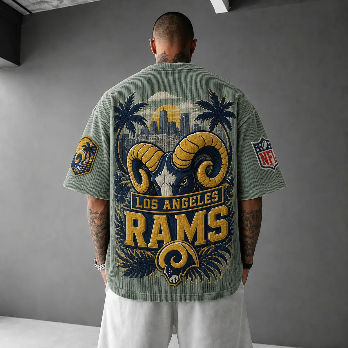 Unisex Loose-Fit Vertical-Stripe Short-Sleeve T-Shirt With Rugby Print