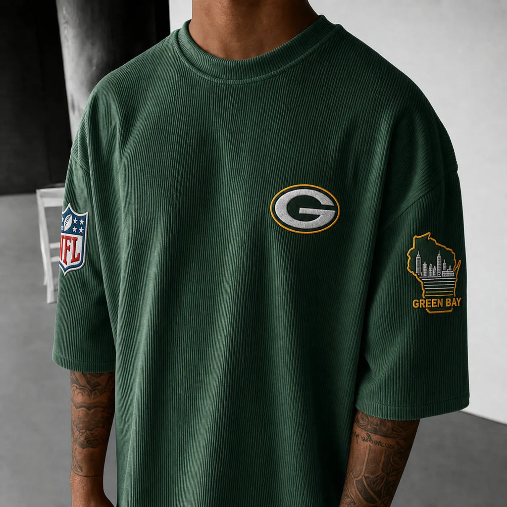 Unisex Loose-Fit Vertical-Stripe Short-Sleeve T-Shirt With Rugby Print