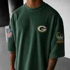Unisex Loose-Fit Vertical-Stripe Short-Sleeve T-Shirt With Rugby Print