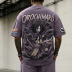 Unisex Oversized Anime-Print Vertical-Stripe Short-Sleeve T-Shirt