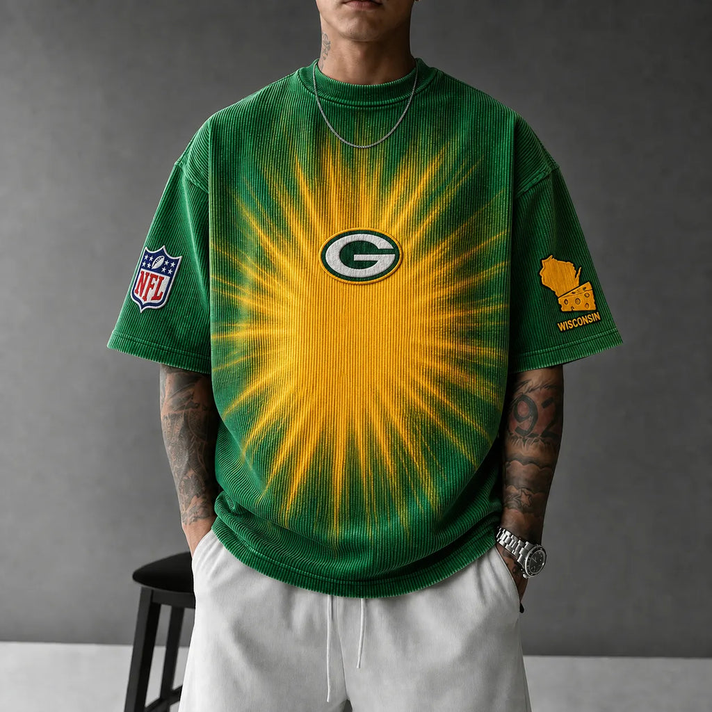 Unisex Loose-Fit Vertical-Stripe Short-Sleeve T-Shirt With Rugby Print