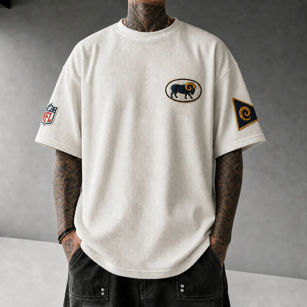 Unisex Rugby Print Loose-Fit Vertical-Stripe Short-Sleeve T-Shirt