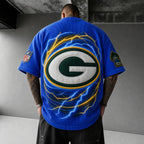 Unisex Loose-Fit Vertical-Stripe Short-Sleeve T-Shirt With Rugby Print