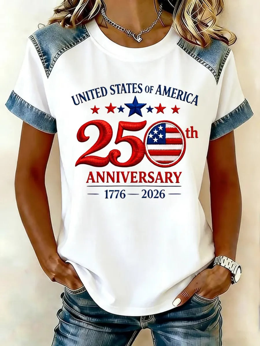 250Th Anniversary Embroidered T-Shirt For American Cowboy Shoulders