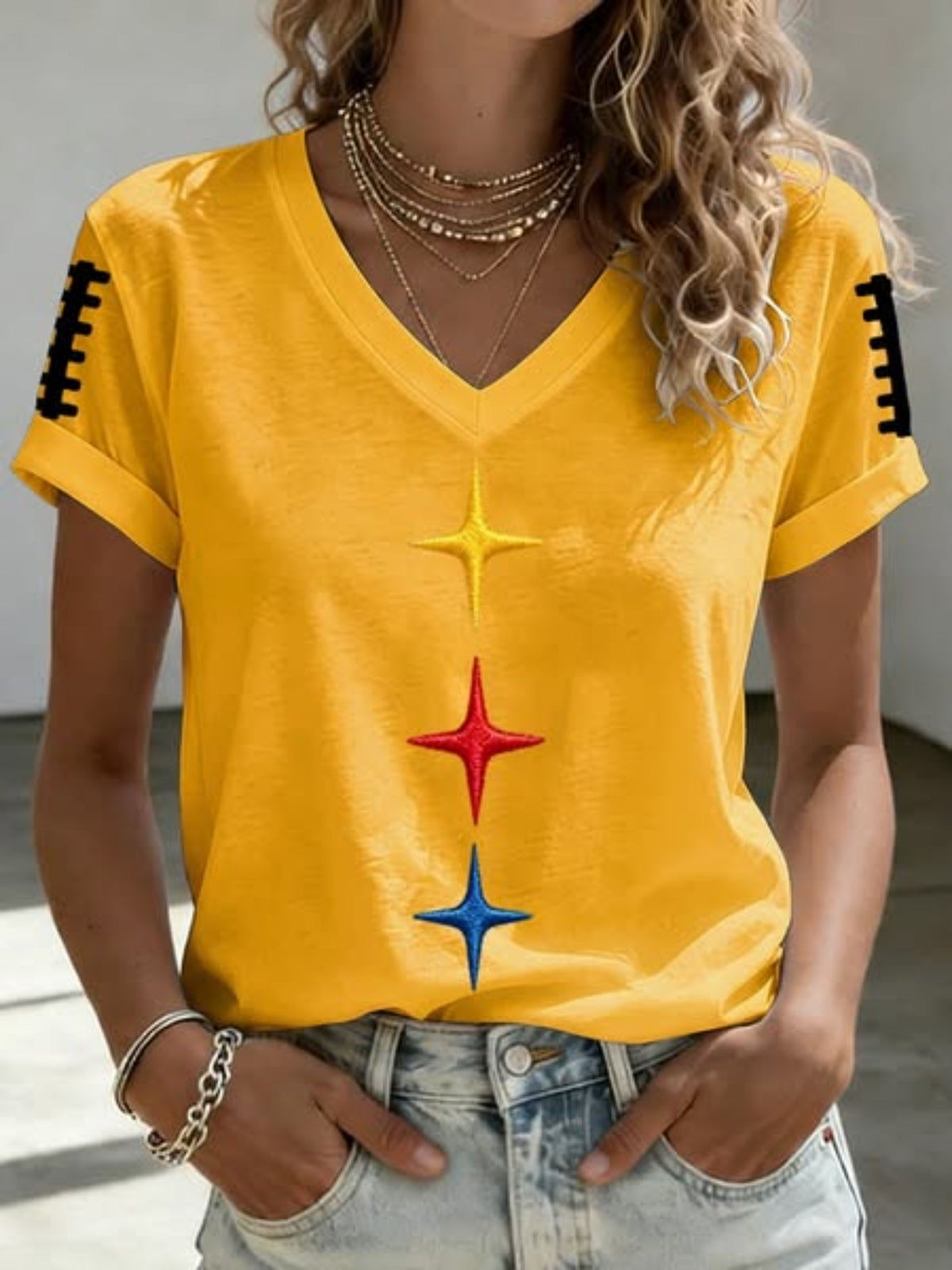 Women's Vintage Football Star Graphic V-Neck T-Shirt