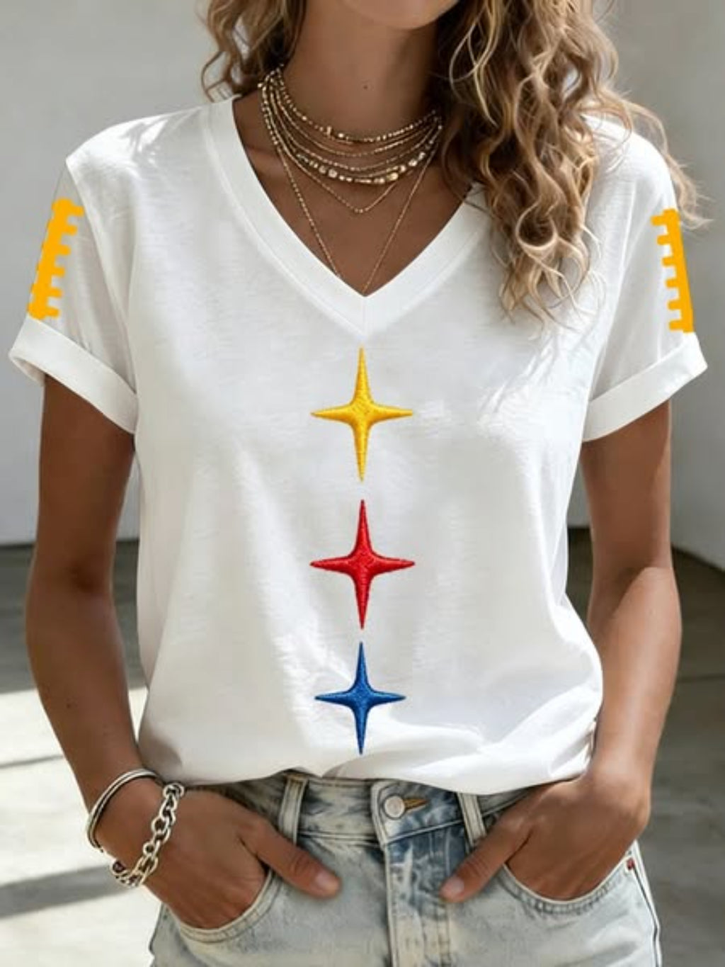 Women's Vintage Football Star Graphic V-Neck T-Shirt