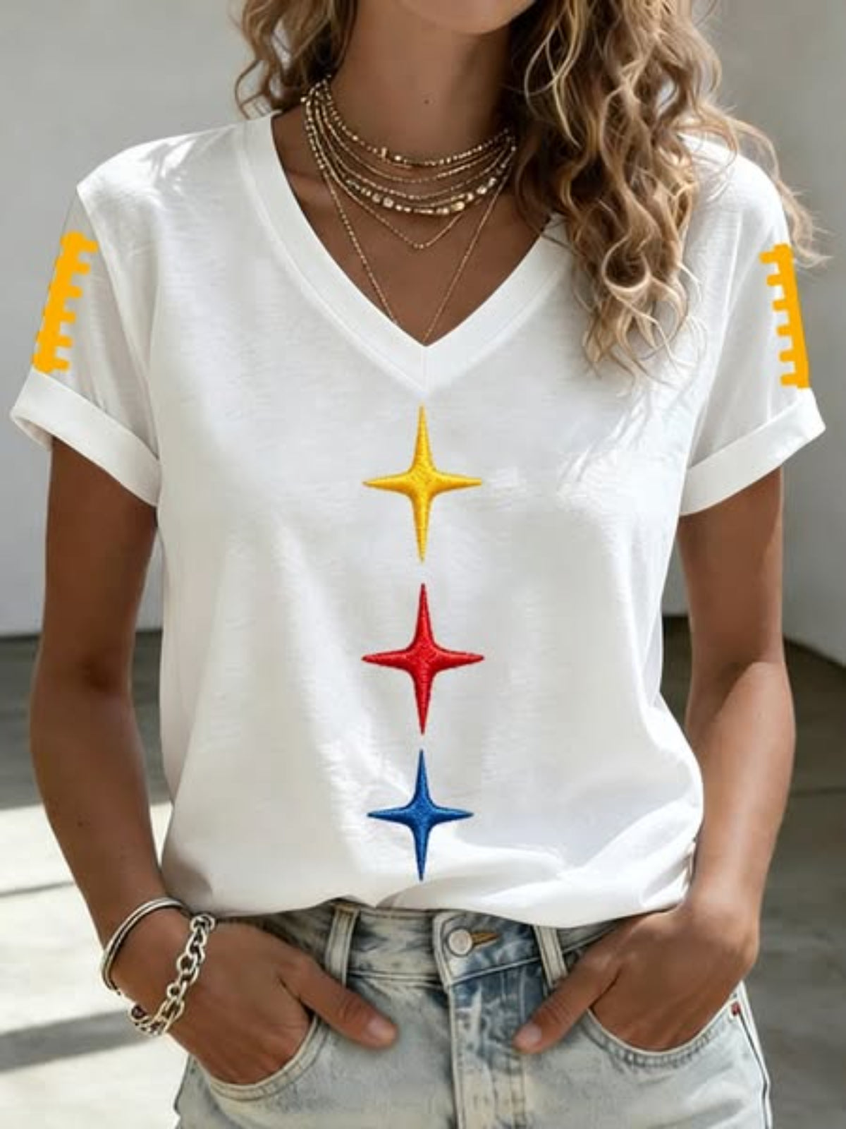 Women's Vintage Football Star Graphic V-Neck T-Shirt